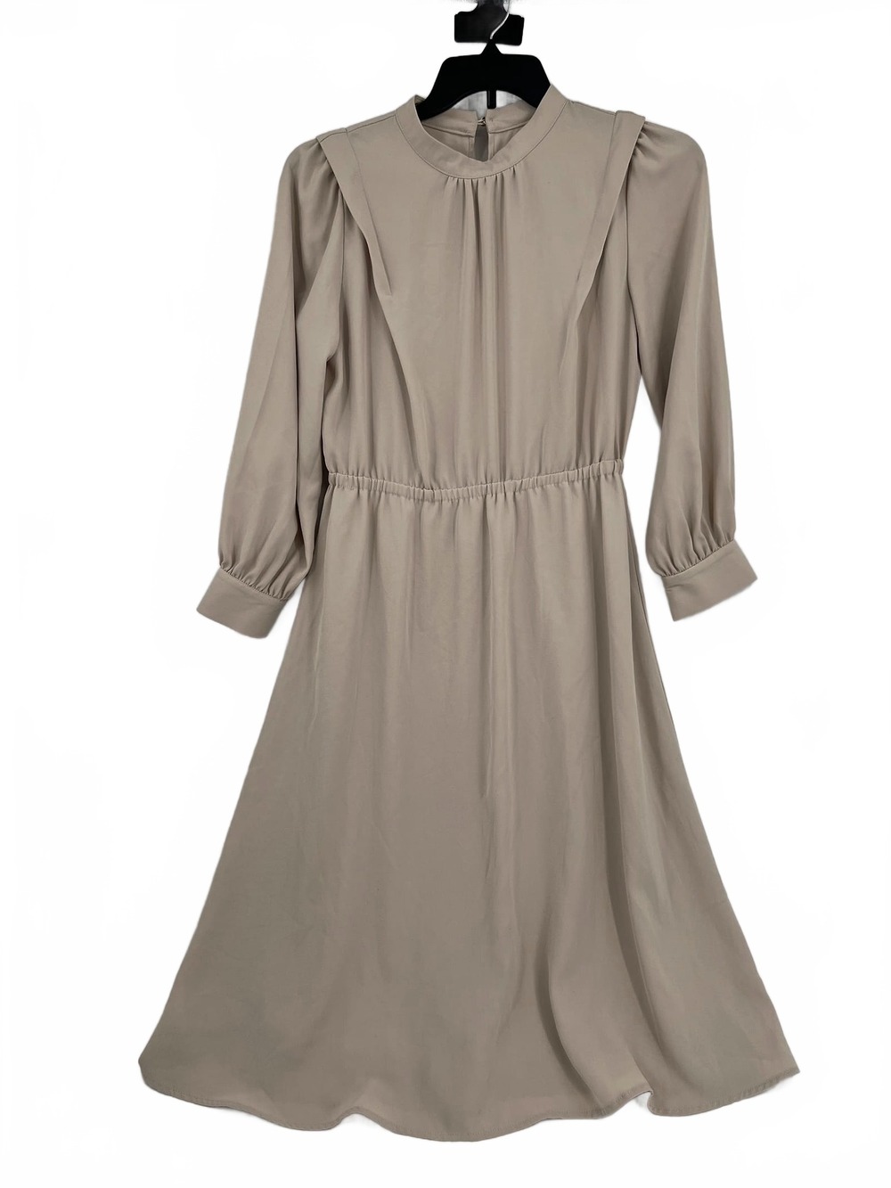 Dreskip Beige Long Sleeve Dress Keyhole Neck Ruched Midi | Womens L